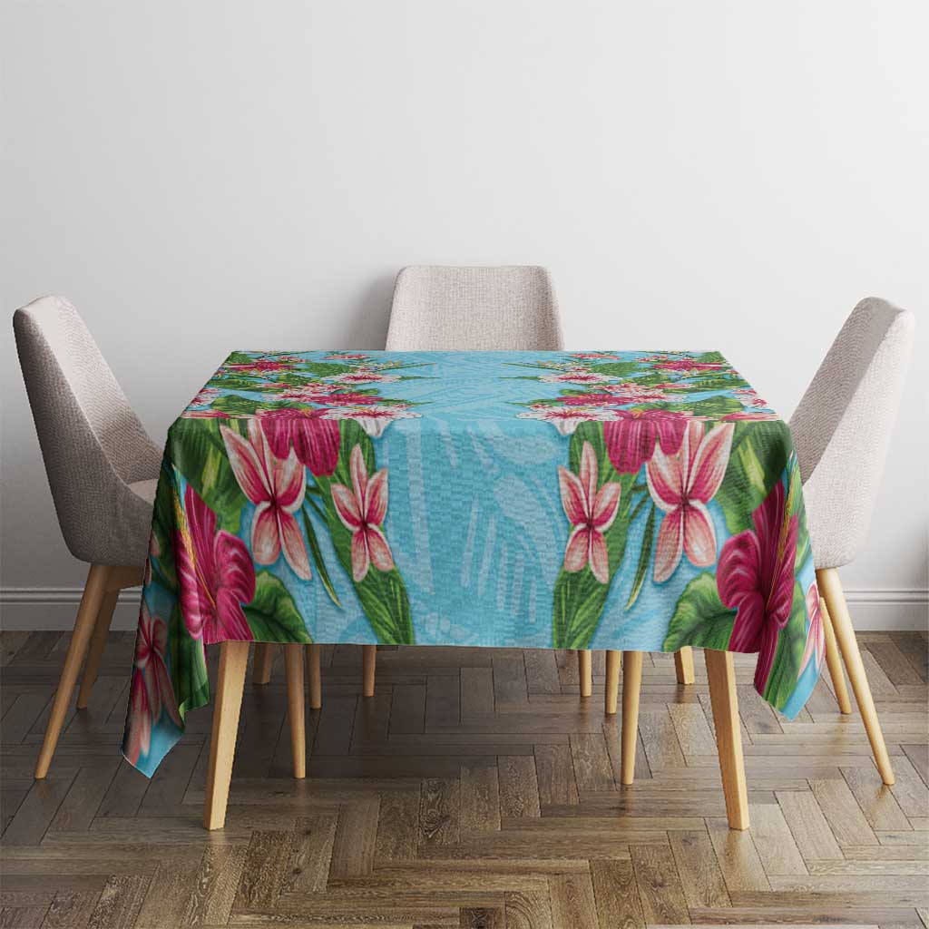 Hawaii Tropical Flowers Tablecloth Sky Blue Polynesian Tattoo Art