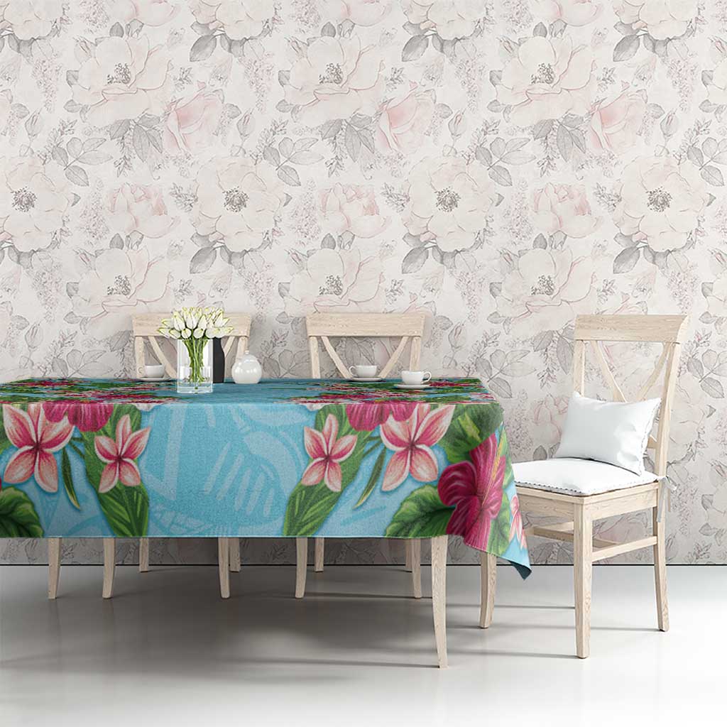 Hawaii Tropical Flowers Tablecloth Sky Blue Polynesian Tattoo Art