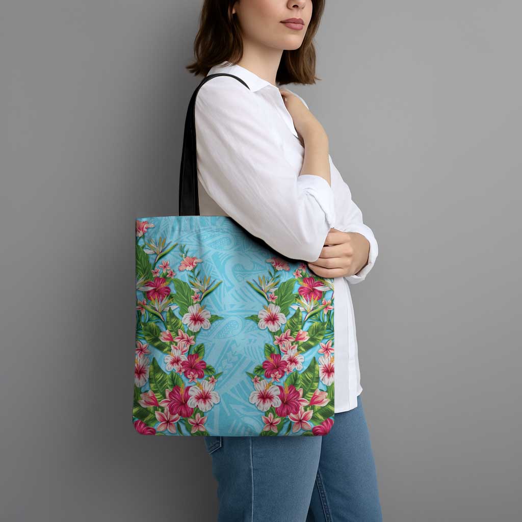 Hawaii Tropical Flowers Tote Bag Sky Blue Polynesian Tattoo Art