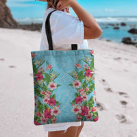 Hawaii Tropical Flowers Tote Bag Sky Blue Polynesian Tattoo Art
