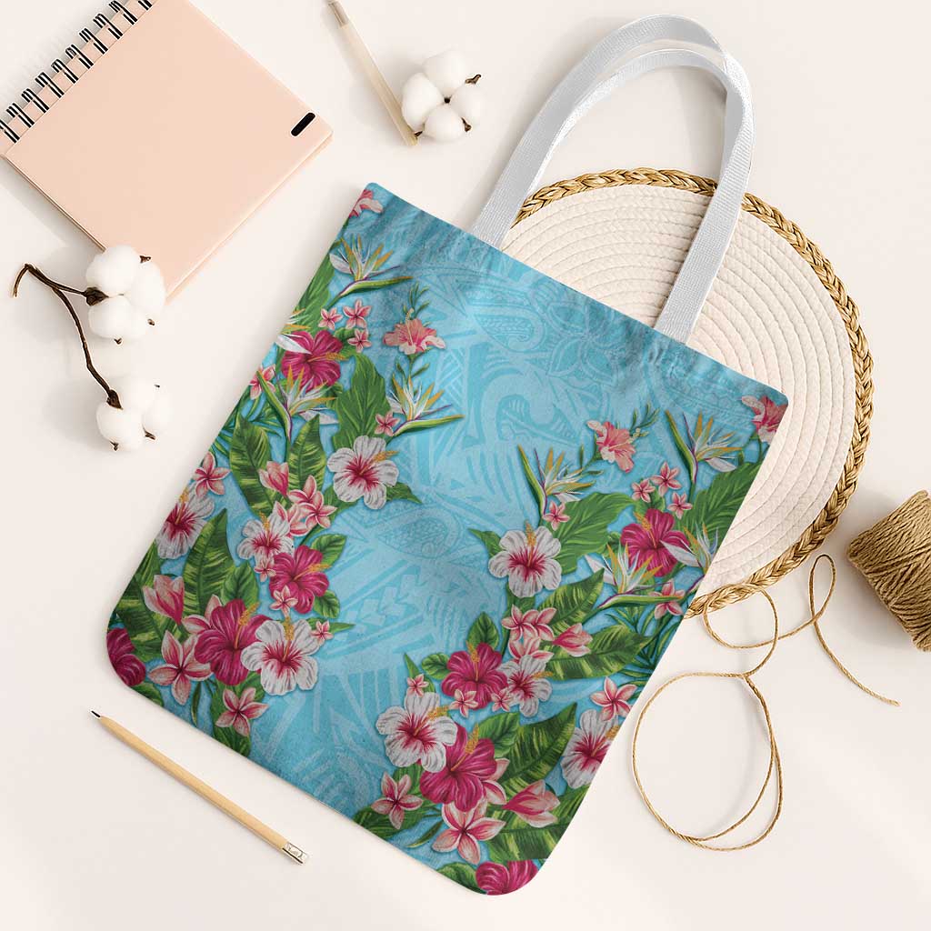 Hawaii Tropical Flowers Tote Bag Sky Blue Polynesian Tattoo Art