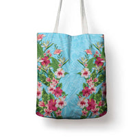 Hawaii Tropical Flowers Tote Bag Sky Blue Polynesian Tattoo Art