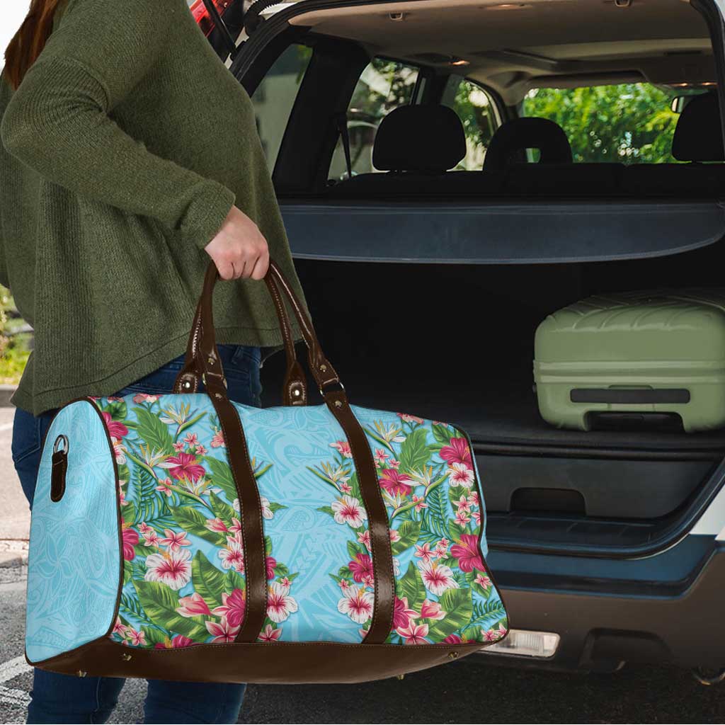 Hawaii Tropical Flowers Travel Bag Sky Blue Polynesian Tattoo Art
