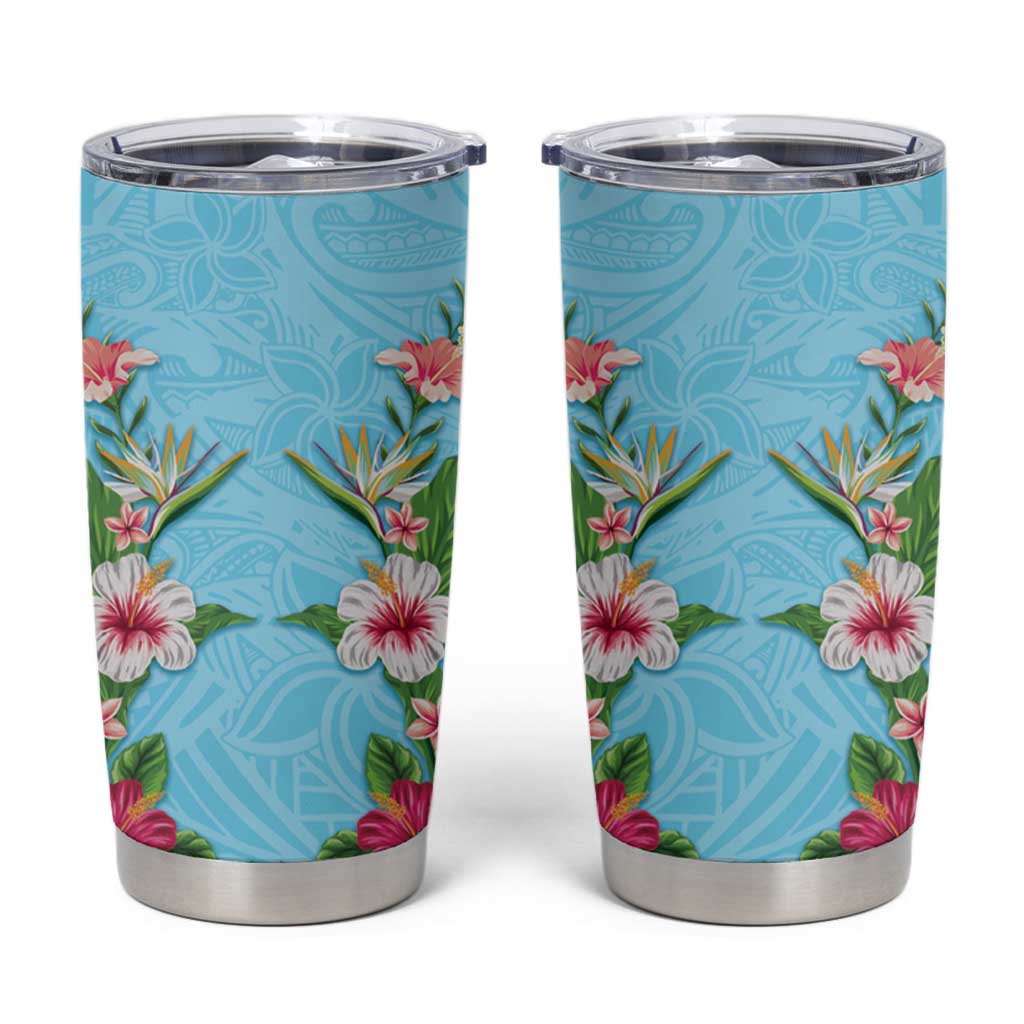 Hawaii Tropical Flowers Tumbler Cup Sky Blue Polynesian Tattoo Art