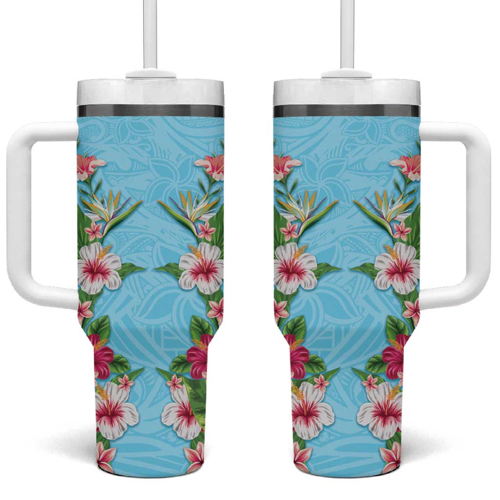 Hawaii Tropical Flowers Tumbler With Handle Sky Blue Polynesian Tattoo Art