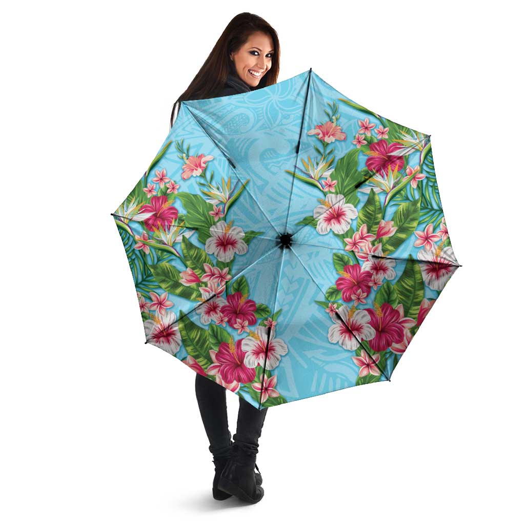 Hawaii Tropical Flowers Umbrella Sky Blue Polynesian Tattoo Art