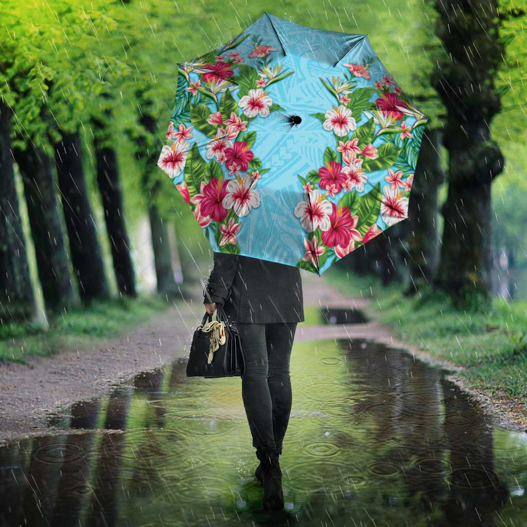 Hawaii Tropical Flowers Umbrella Sky Blue Polynesian Tattoo Art