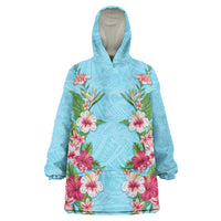 Hawaii Tropical Flowers Wearable Blanket Hoodie Sky Blue Polynesian Tattoo Art