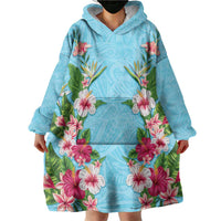 Hawaii Tropical Flowers Wearable Blanket Hoodie Sky Blue Polynesian Tattoo Art