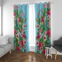 Hawaii Tropical Flowers Window Curtain Sky Blue Polynesian Tattoo Art