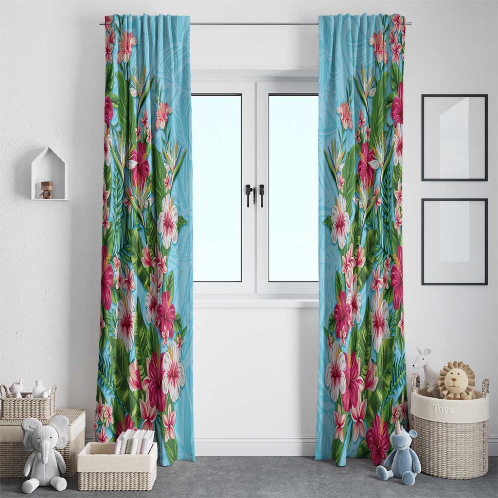 Hawaii Tropical Flowers Window Curtain Sky Blue Polynesian Tattoo Art