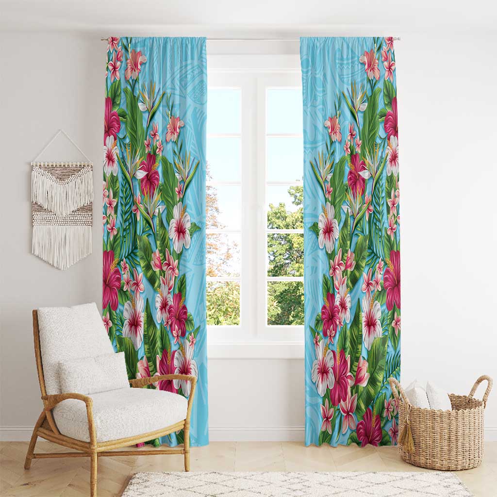 Hawaii Tropical Flowers Window Curtain Sky Blue Polynesian Tattoo Art