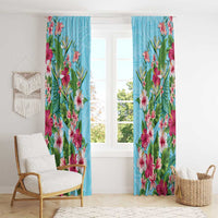 Hawaii Tropical Flowers Window Curtain Sky Blue Polynesian Tattoo Art