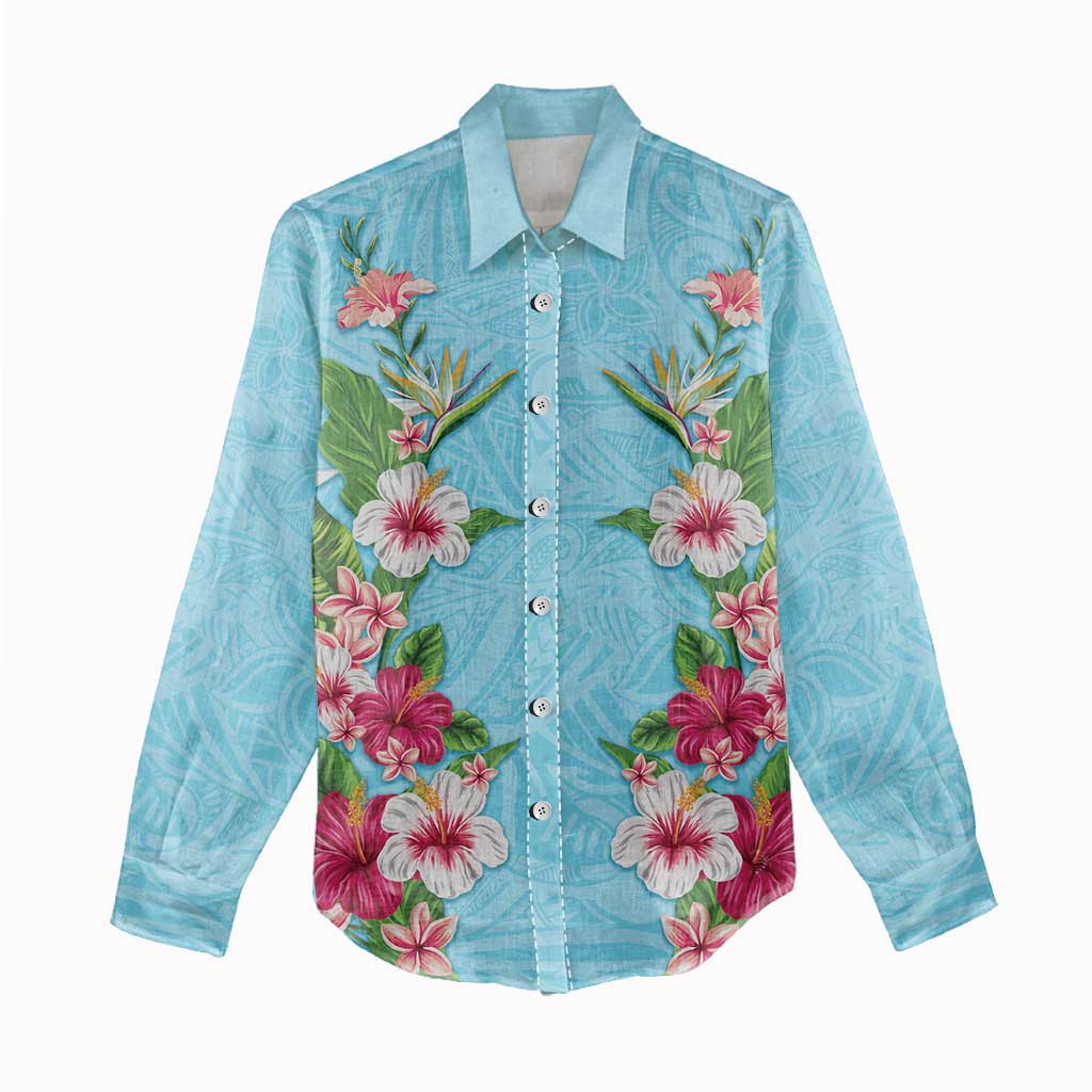 Hawaii Tropical Flowers Women Casual Shirt Sky Blue Polynesian Tattoo Art