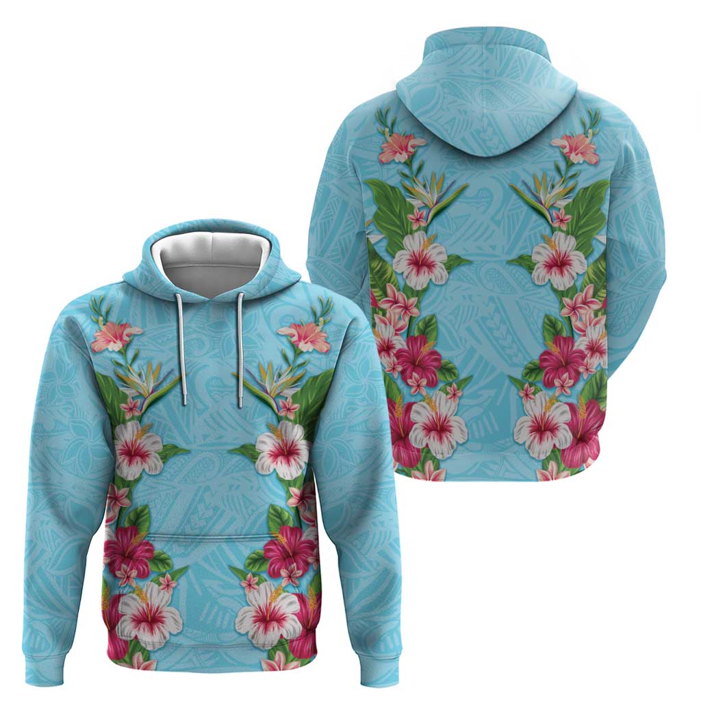 Hawaii Tropical Flowers Zip Hoodie Sky Blue Polynesian Tattoo Art