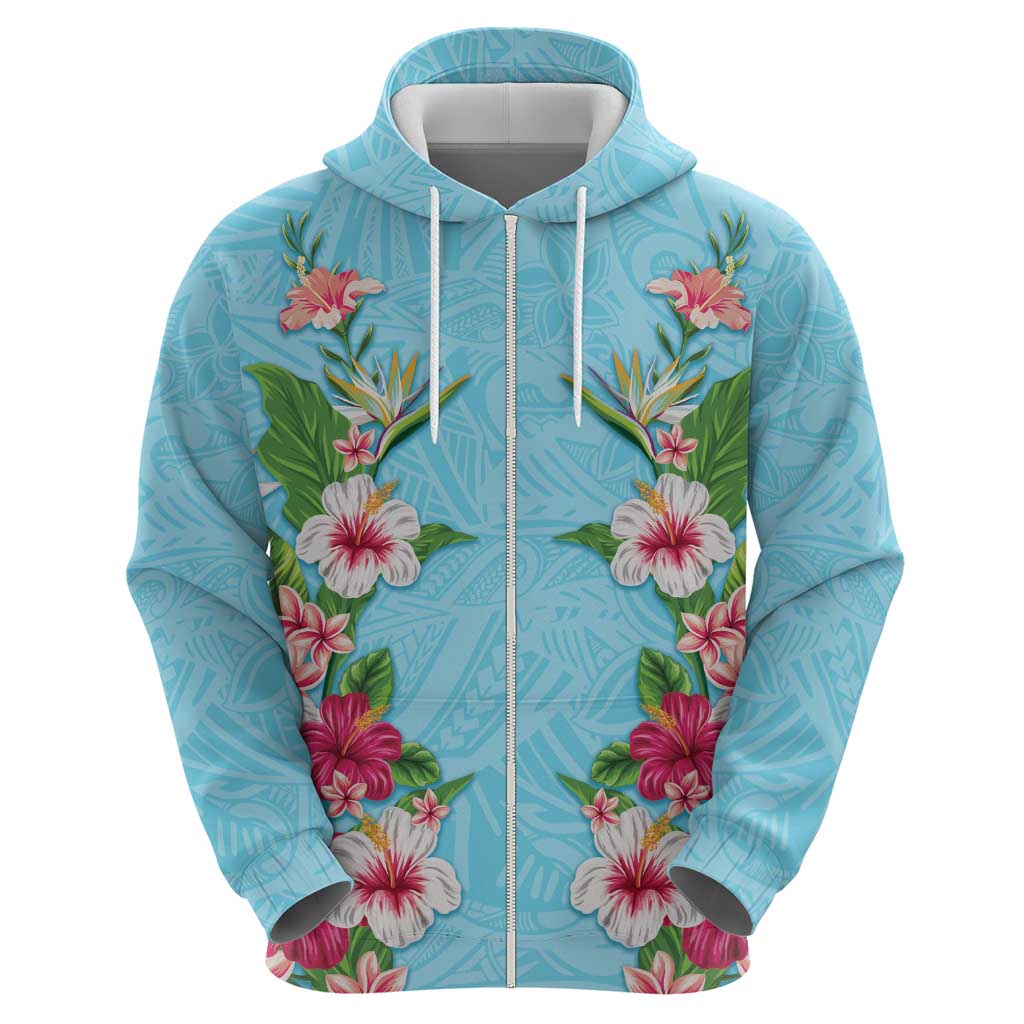Hawaii Tropical Flowers Zip Hoodie Sky Blue Polynesian Tattoo Art