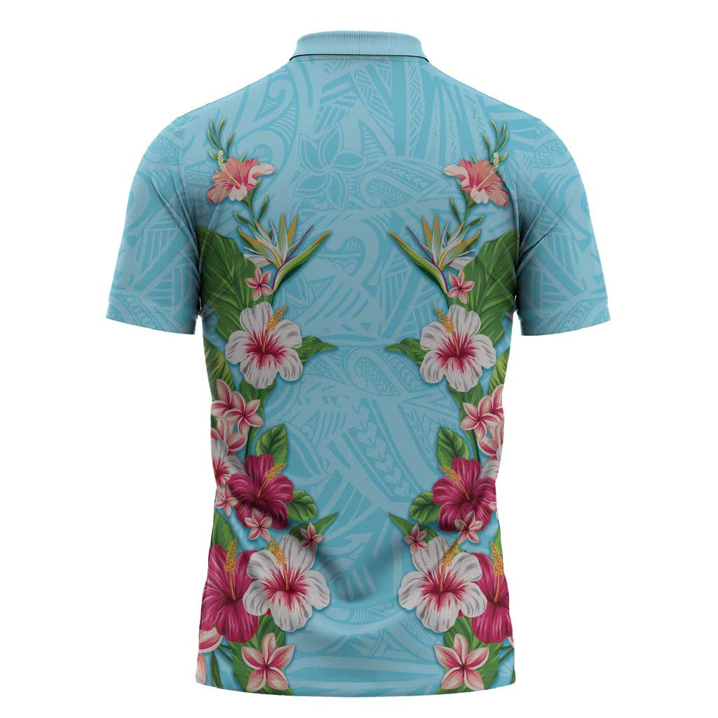 Hawaii Tropical Flowers Zipper Polo Shirt Sky Blue Polynesian Tattoo Art