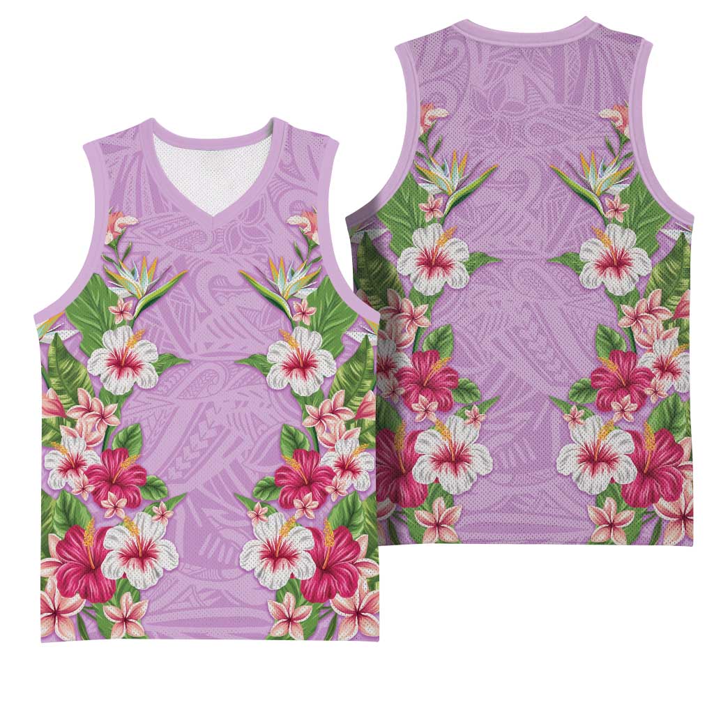 Hawaii Tropical Flowers Basketball Jersey Lavender Polynesian Tattoo Art