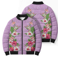 Hawaii Tropical Flowers Bomber Puffer Jacket Lavender Polynesian Tattoo Art