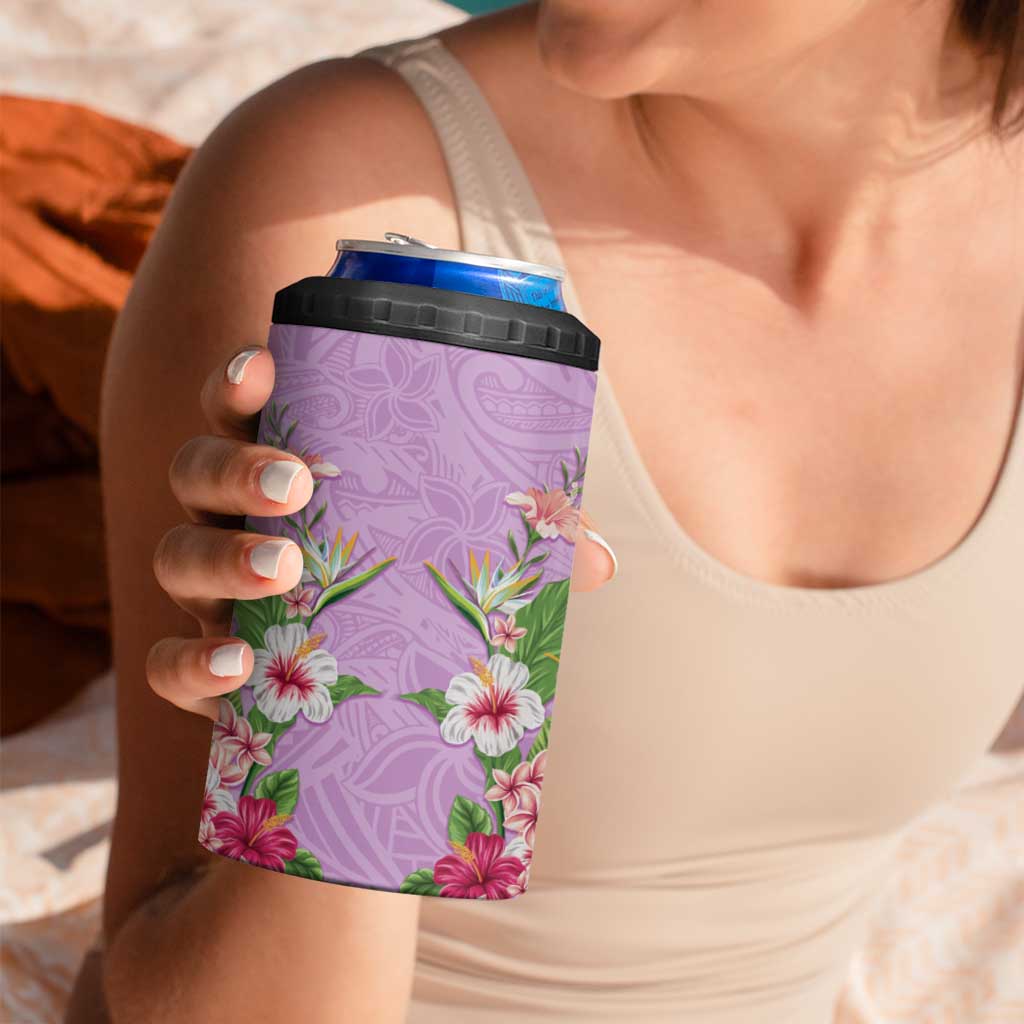 Hawaii Tropical Flowers 4 in 1 Can Cooler Tumbler Lavender Polynesian Tattoo Art