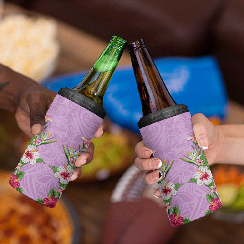 Hawaii Tropical Flowers 4 in 1 Can Cooler Tumbler Lavender Polynesian Tattoo Art