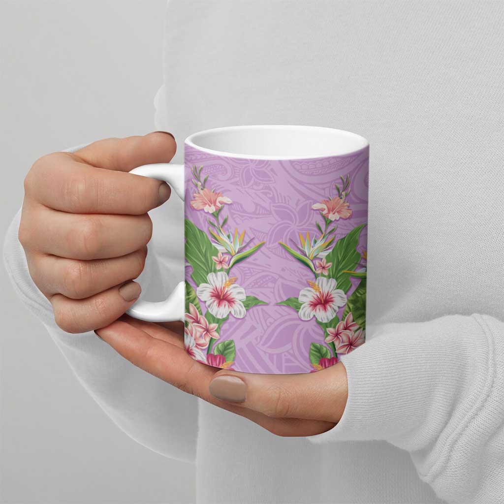 Hawaii Tropical Flowers Ceramic Mug Lavender Polynesian Tattoo Art