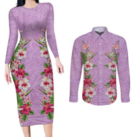 Hawaii Tropical Flowers Couples Matching Long Sleeve Bodycon Dress and Long Sleeve Button Shirt Lavender Polynesian Tattoo Art