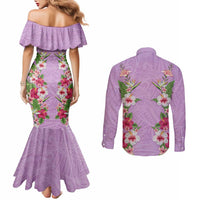 Hawaii Tropical Flowers Couples Matching Mermaid Dress and Long Sleeve Button Shirt Lavender Polynesian Tattoo Art