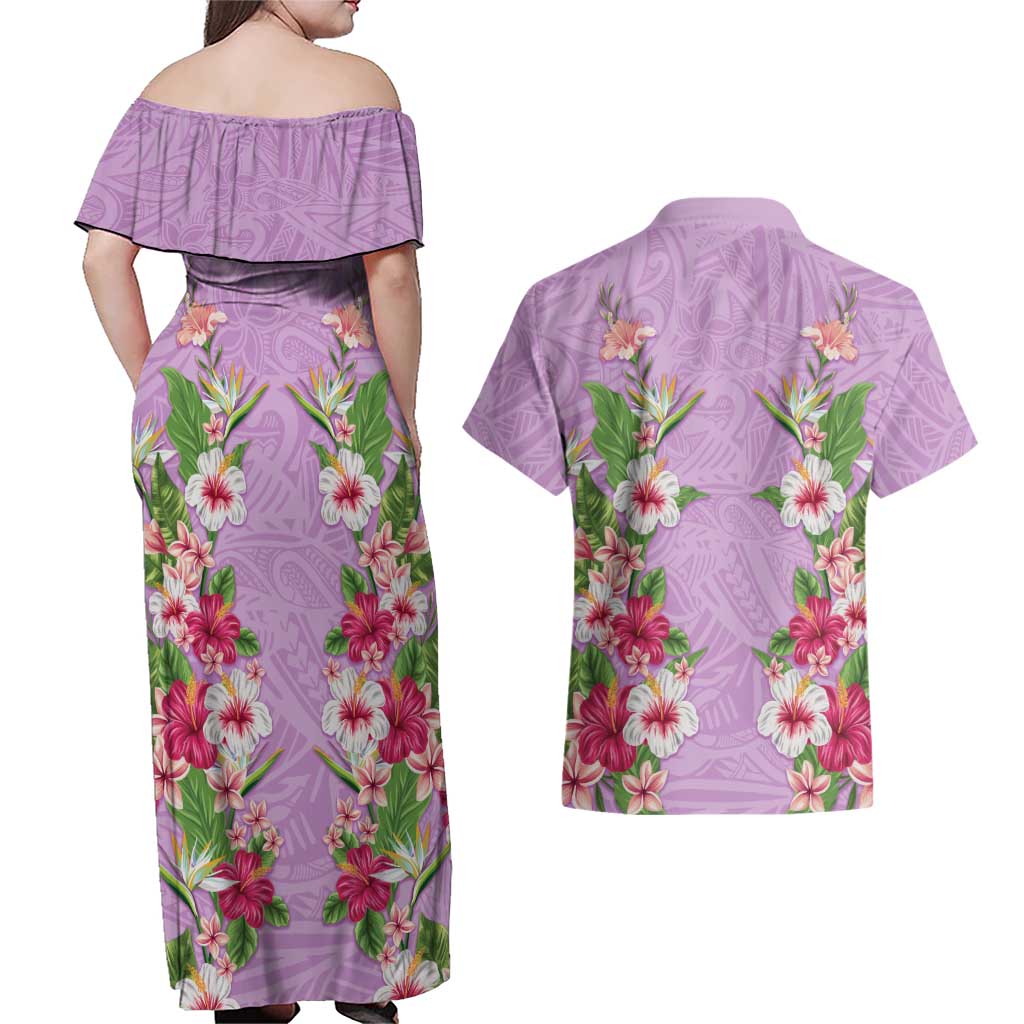Hawaii Tropical Flowers Couples Matching Off Shoulder Maxi Dress and Hawaiian Shirt Lavender Polynesian Tattoo Art