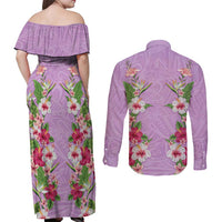 Hawaii Tropical Flowers Couples Matching Off Shoulder Maxi Dress and Long Sleeve Button Shirt Lavender Polynesian Tattoo Art