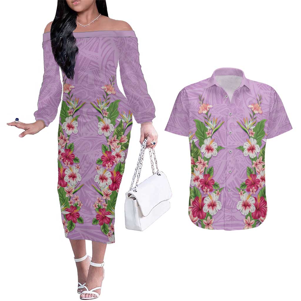 Hawaii Tropical Flowers Couples Matching Off The Shoulder Long Sleeve Dress and Hawaiian Shirt Lavender Polynesian Tattoo Art LT05 Lavender - Polynesian Pride