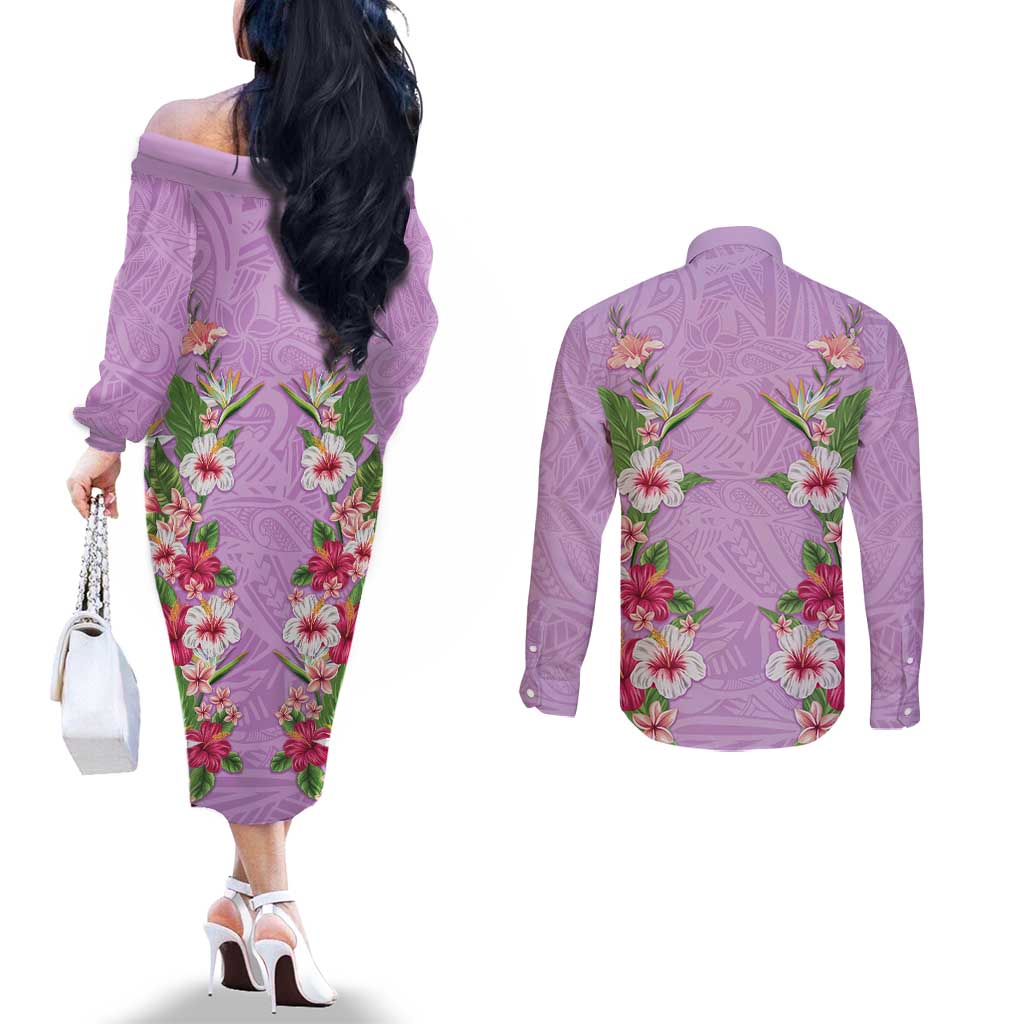 Hawaii Tropical Flowers Couples Matching Off The Shoulder Long Sleeve Dress and Long Sleeve Button Shirt Lavender Polynesian Tattoo Art