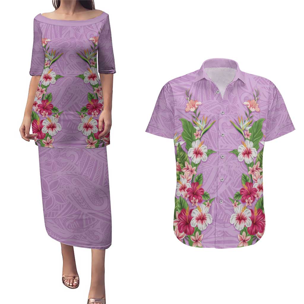 Hawaii Tropical Flowers Couples Matching Puletasi and Hawaiian Shirt Lavender Polynesian Tattoo Art