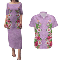 Hawaii Tropical Flowers Couples Matching Puletasi and Hawaiian Shirt Lavender Polynesian Tattoo Art