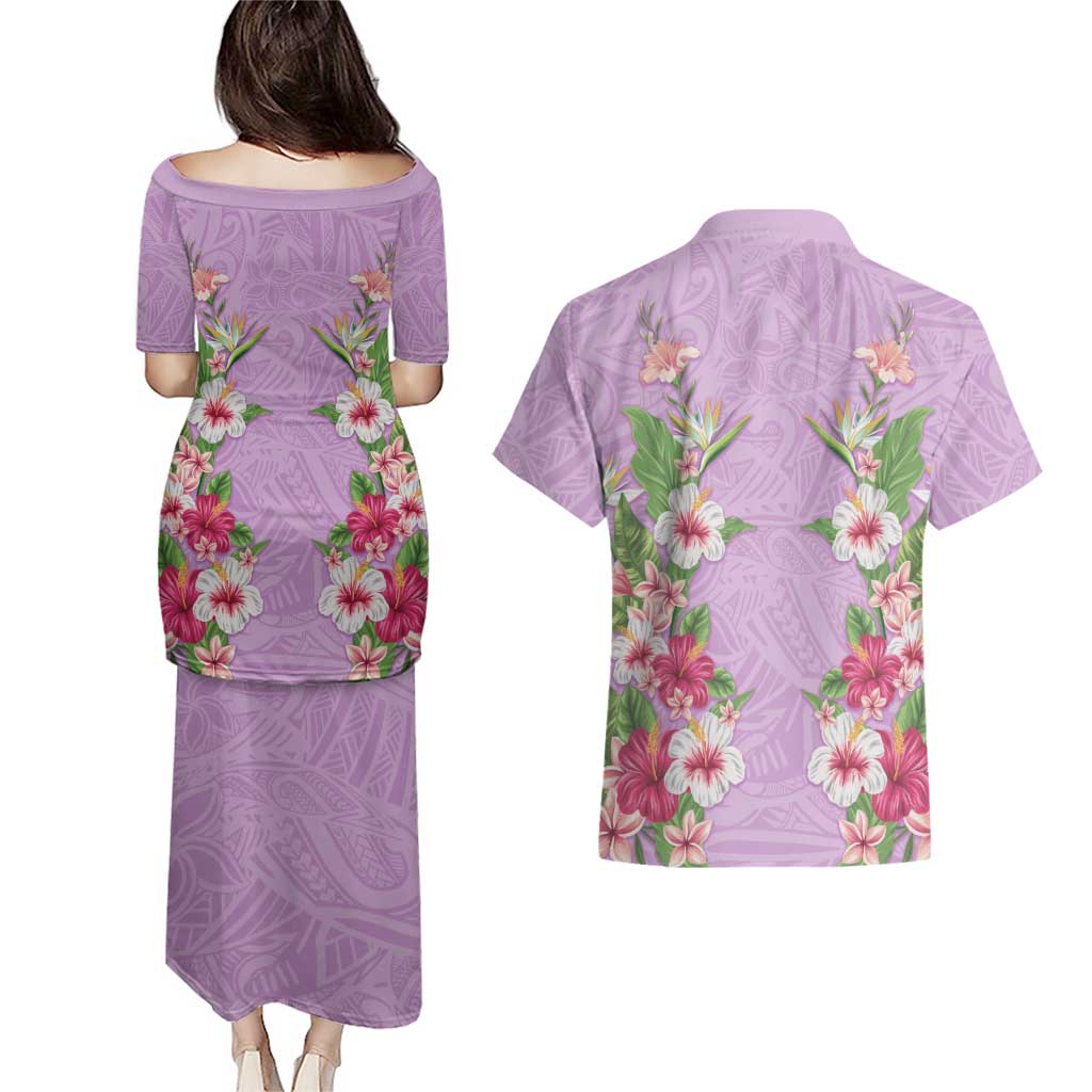 Hawaii Tropical Flowers Couples Matching Puletasi and Hawaiian Shirt Lavender Polynesian Tattoo Art