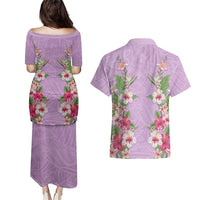 Hawaii Tropical Flowers Couples Matching Puletasi and Hawaiian Shirt Lavender Polynesian Tattoo Art