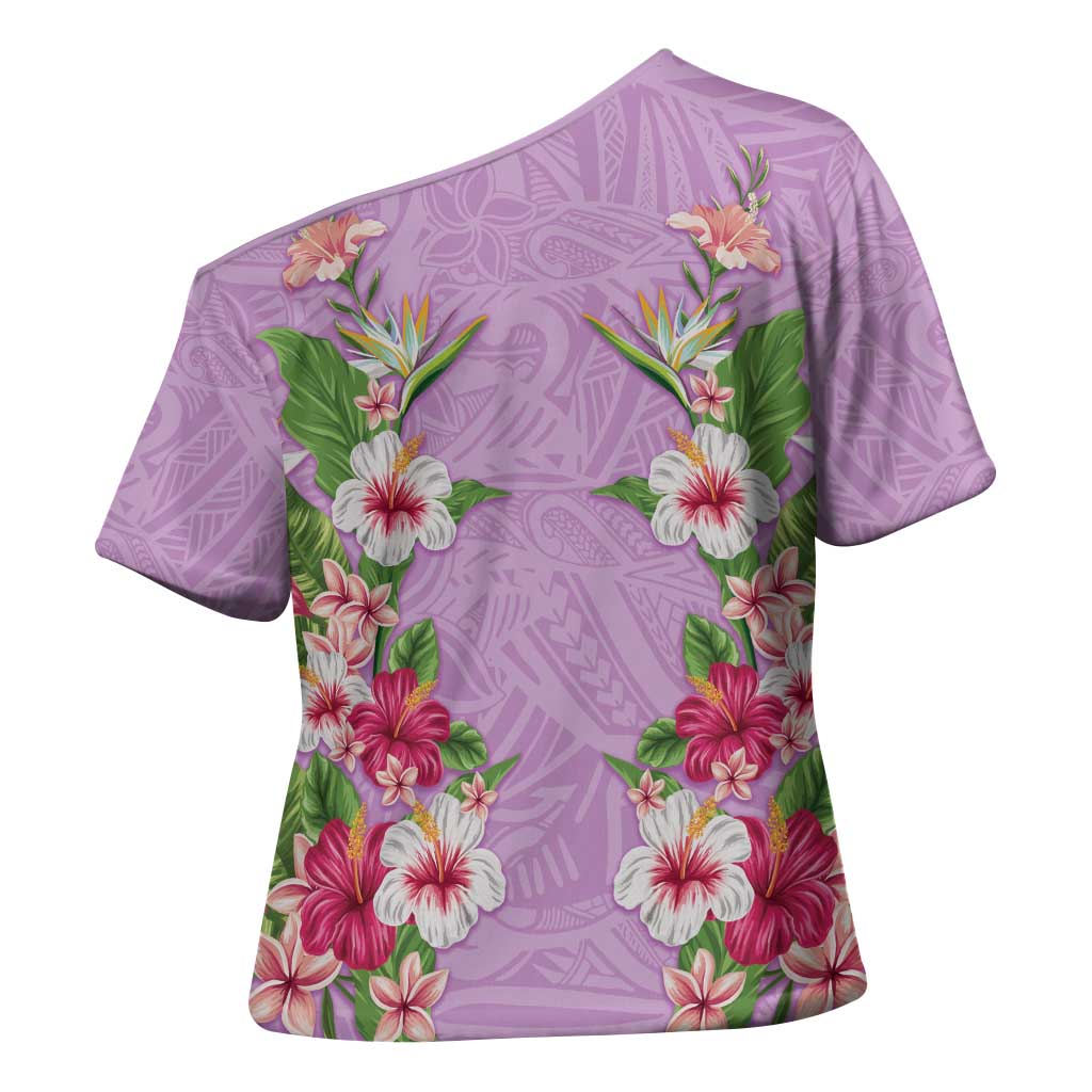 Hawaii Tropical Flowers Cross Shoulder Shirt Lavender Polynesian Tattoo Art