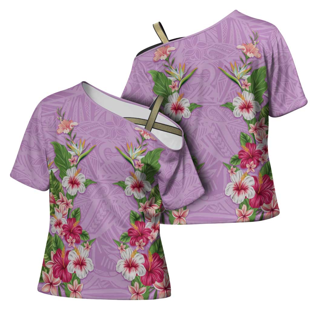Hawaii Tropical Flowers Cross Shoulder Shirt Lavender Polynesian Tattoo Art