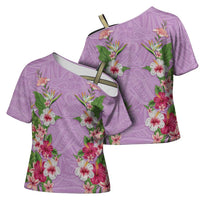 Hawaii Tropical Flowers Cross Shoulder Shirt Lavender Polynesian Tattoo Art