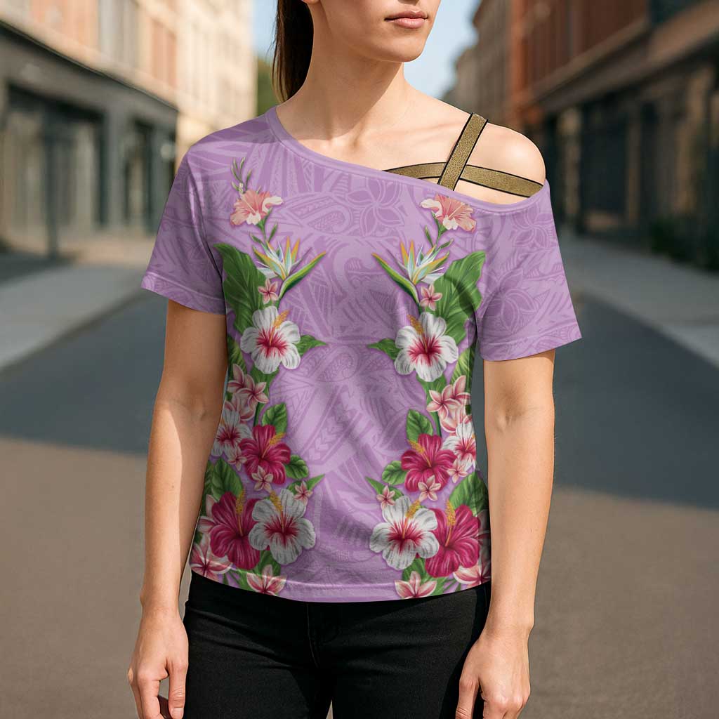 Hawaii Tropical Flowers Cross Shoulder Shirt Lavender Polynesian Tattoo Art