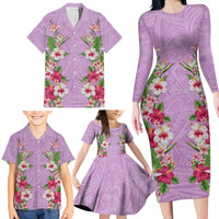 Hawaii Tropical Flowers Family Matching Long Sleeve Bodycon Dress and Hawaiian Shirt Lavender Polynesian Tattoo Art LT05 - Polynesian Pride