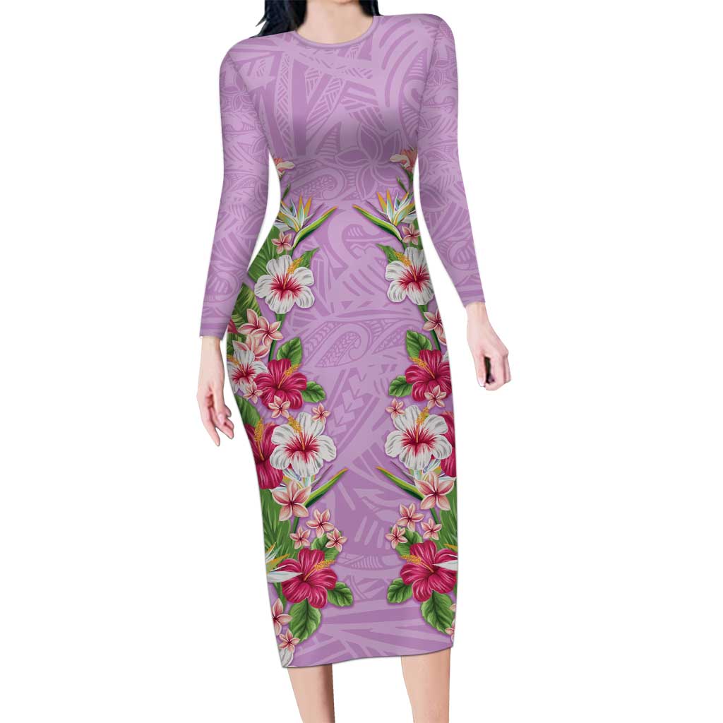 Hawaii Tropical Flowers Family Matching Long Sleeve Bodycon Dress and Hawaiian Shirt Lavender Polynesian Tattoo Art LT05 Mom's Dress Lavender - Polynesian Pride