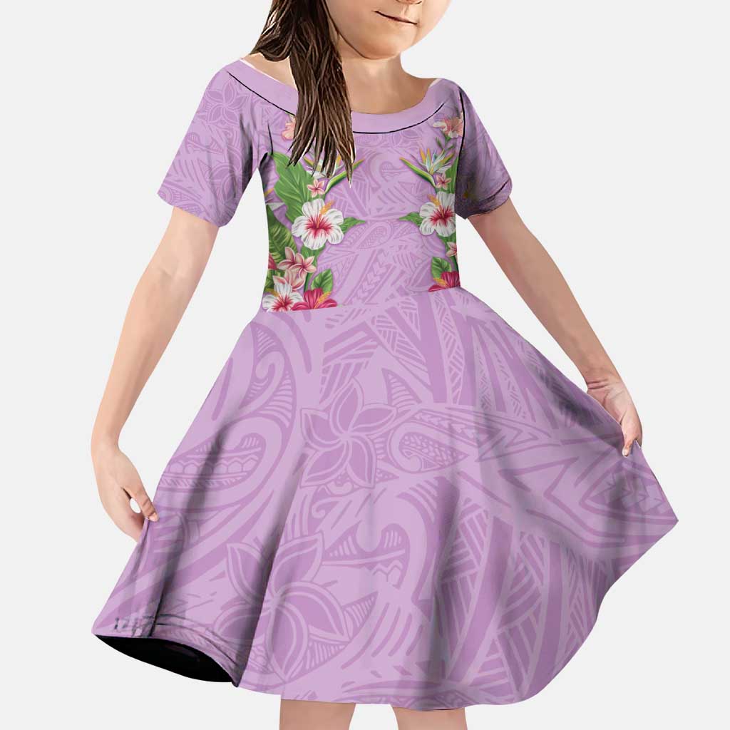 Hawaii Tropical Flowers Family Matching Off Shoulder Maxi Dress and Hawaiian Shirt Lavender Polynesian Tattoo Art LT05 Daughter's Dress Lavender - Polynesian Pride