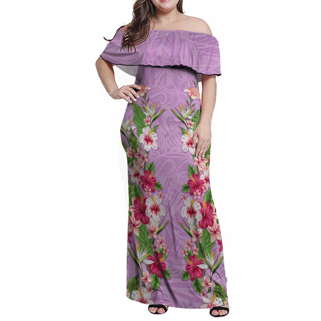 Hawaii Tropical Flowers Family Matching Off Shoulder Maxi Dress and Hawaiian Shirt Lavender Polynesian Tattoo Art LT05 Mom's Dress Lavender - Polynesian Pride