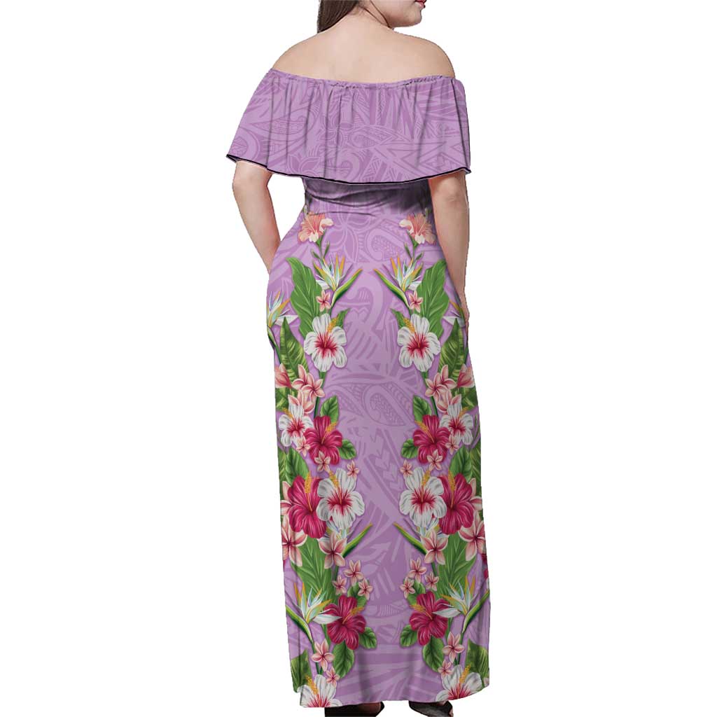Hawaii Tropical Flowers Family Matching Off Shoulder Maxi Dress and Hawaiian Shirt Lavender Polynesian Tattoo Art LT05 - Polynesian Pride