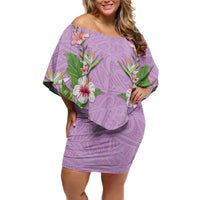 Hawaii Tropical Flowers Family Matching Off Shoulder Short Dress and Hawaiian Shirt Lavender Polynesian Tattoo Art LT05 Mom's Dress Lavender - Polynesian Pride