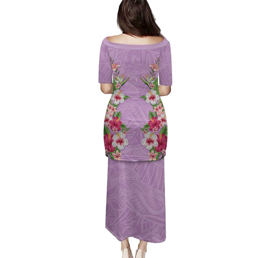 Hawaii Tropical Flowers Family Matching Puletasi and Hawaiian Shirt Lavender Polynesian Tattoo Art LT05 - Polynesian Pride