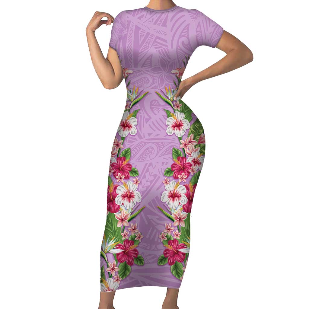 Hawaii Tropical Flowers Family Matching Short Sleeve Bodycon Dress and Hawaiian Shirt Lavender Polynesian Tattoo Art LT05 Mom's Dress Lavender - Polynesian Pride