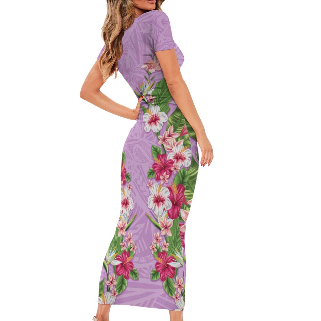 Hawaii Tropical Flowers Family Matching Short Sleeve Bodycon Dress and Hawaiian Shirt Lavender Polynesian Tattoo Art LT05 - Polynesian Pride