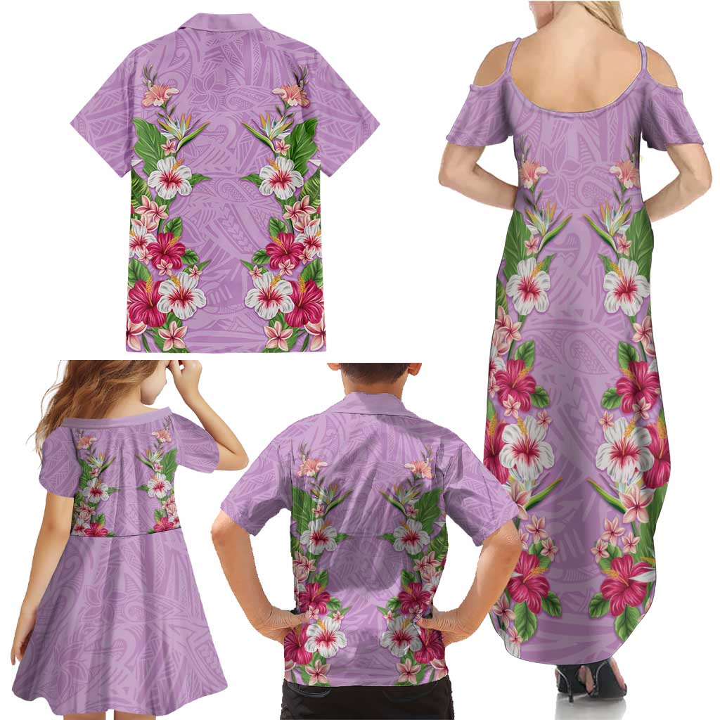 Hawaii Tropical Flowers Family Matching Summer Maxi Dress and Hawaiian Shirt Lavender Polynesian Tattoo Art LT05 - Polynesian Pride